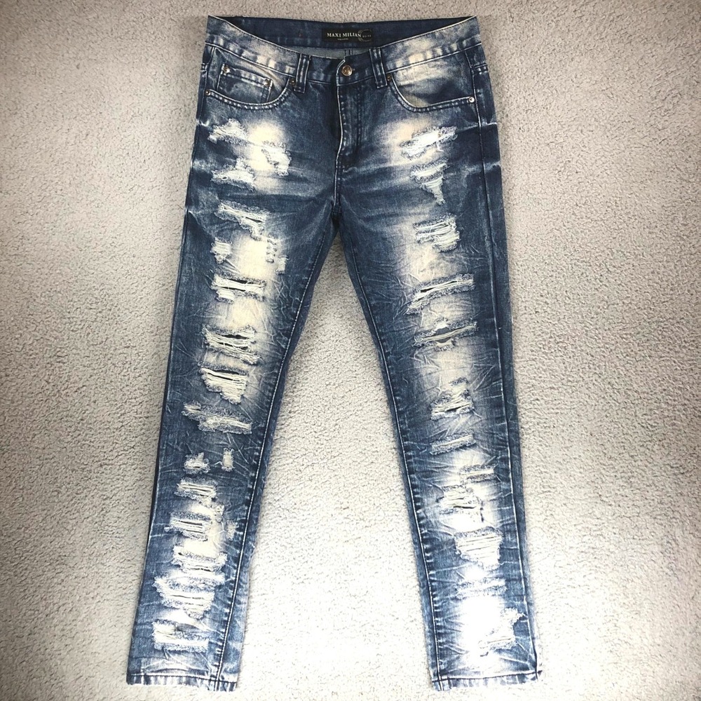 Maxi Milian Mens 32x32 Distressed Acid Wash Ripped Slim Fit Blue‎ Denim Jeans